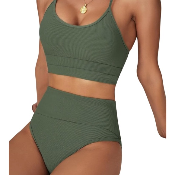 Ribbed High-Waisted Bikini Set – Olive Green, Size M – Y2K, Retro, Minimalist - Picture 1 of 7